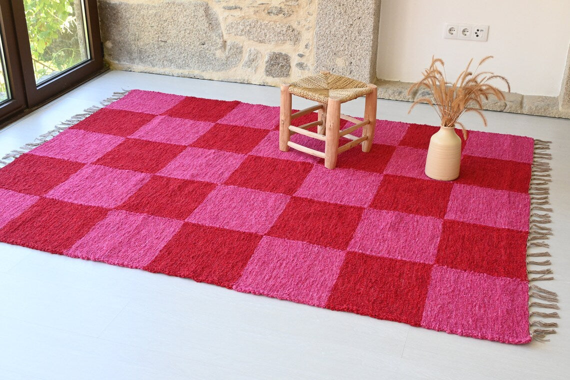 RUUTUMATTO KIERRÄTETYSTÄ PUUVILLASTA - 150cm x210cm - PINKKI/PUNAINEN