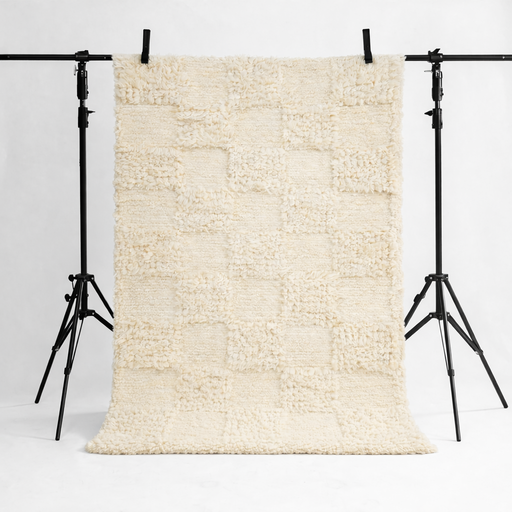 KÄSINKUDOTTU OLOHUONEEN MATTO - SHAKKIRUUTU - LUONNONVALKOINEN